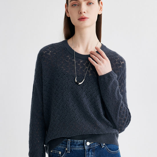 COMOBOCA Charcoal 100% Cashmere Women's Openwork Round Neck Knit Sweater