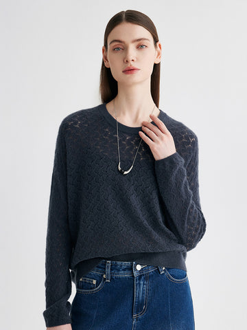 COMOBOCA Charcoal 100% Cashmere Women's Openwork Round Neck Knit Sweater