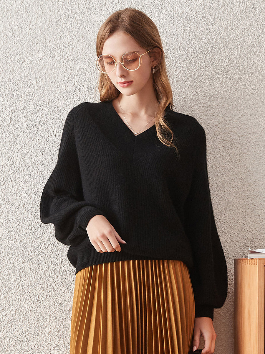 COMOBOCA BLACK 100% Cashmere Women's Lantern Sleeve V-Neck Knit Sweater