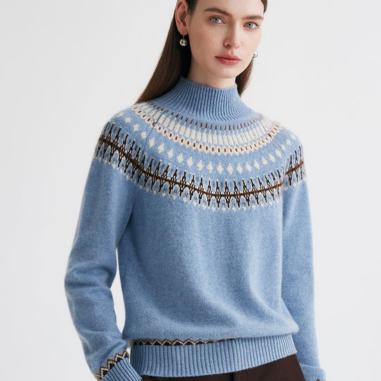 COMOBOCA 100% Cashmere Women's Fair Isle Mock Neck Sweater
