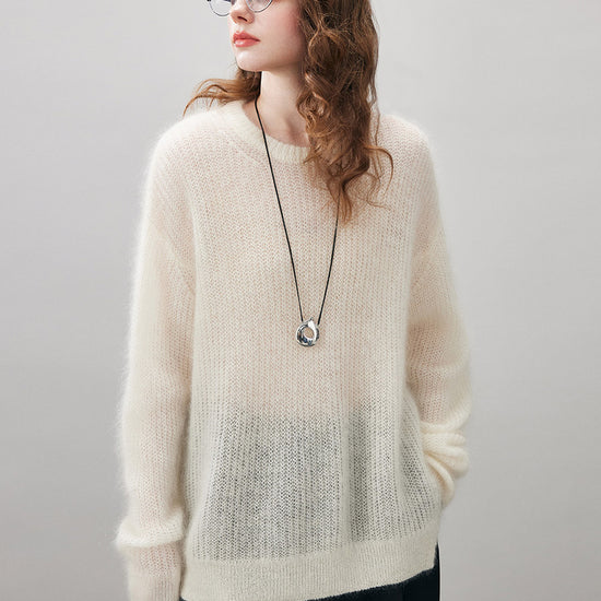 COMOBOCA Women's Mohair Sheer Knit Round Neck Sweater