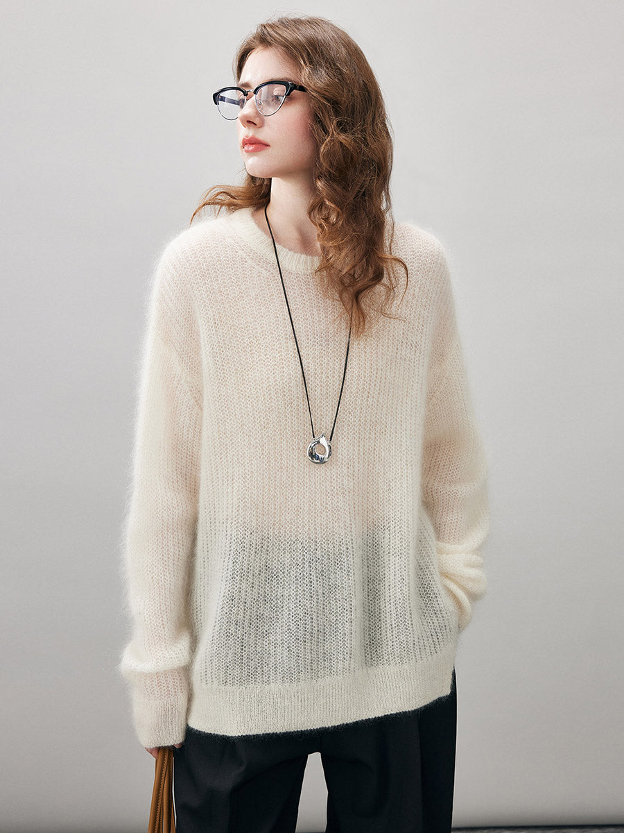COMOBOCA Women's Mohair Sheer Knit Round Neck Sweater