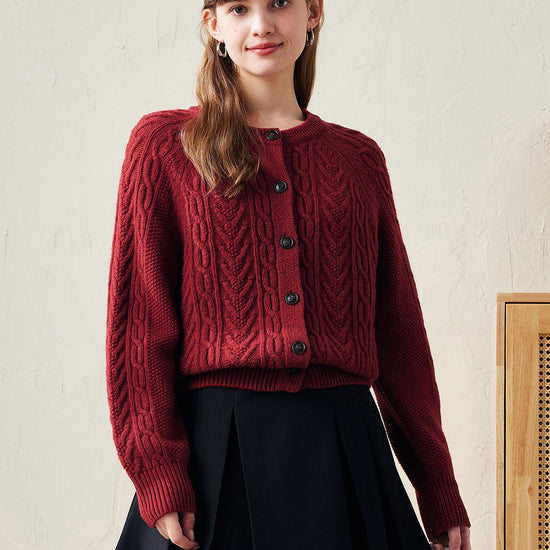 COMOBOCA Red 100% Wool Women's Cable Knit Button Cardigan