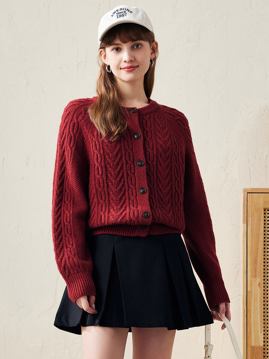 COMOBOCA Red 100% Wool Women's Cable Knit Button Cardigan