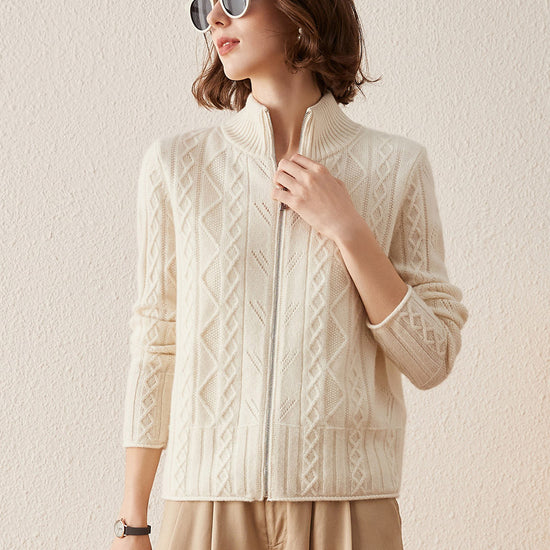 COMOBOCA White 100% Cashmere Women's Knit Zip Up Cardigan Sweater