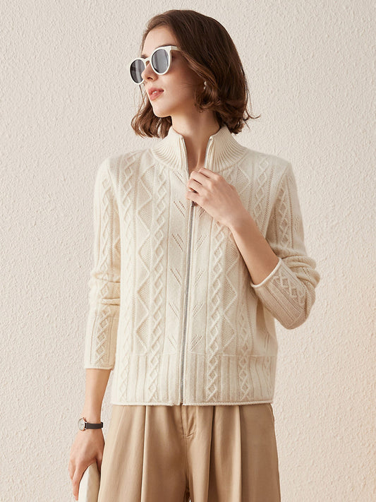 COMOBOCA White 100% Cashmere Women's Knit Zip Up Cardigan Sweater