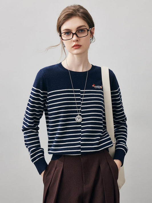 COMOBOCA Navy Blue 100% Cashmere Women's Striped Round Neck Sweater