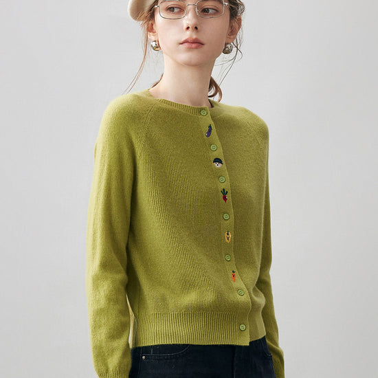 COMOBOCA 100% Cashmere Women's Embroidered Button-Front Cardigan