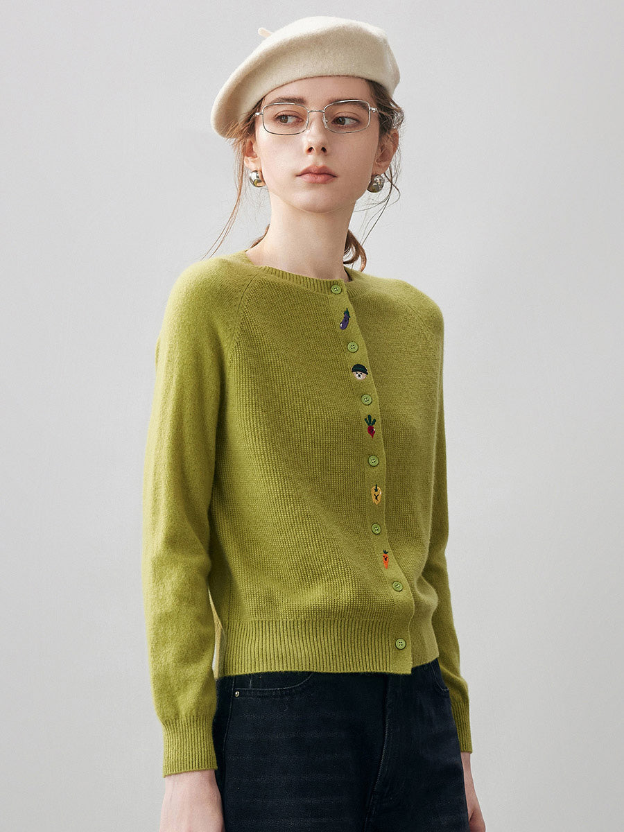 COMOBOCA 100% Cashmere Women's Embroidered Button-Front Cardigan