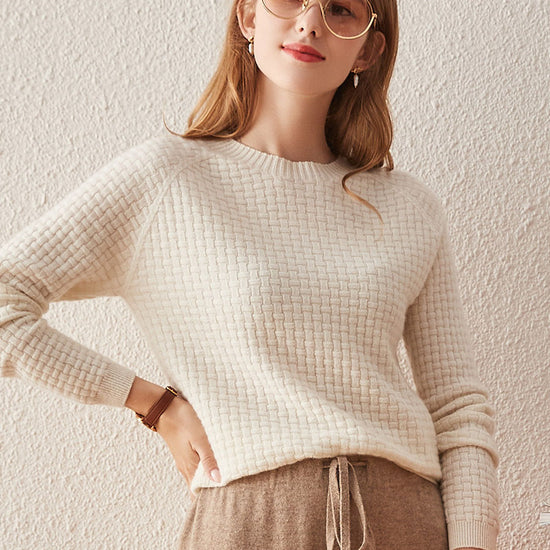COMOBOCA 100% Cashmere Women's Round Neck Ribbed Knit Sweater