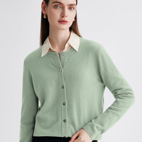 COMOBOCA Moonlight Green 100% Cashmere Women's Button-Up Cardigan