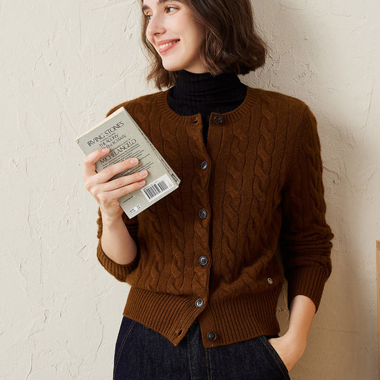 COMOBOCA 100% Cashmere Women's Cable Knit Button Cardigan