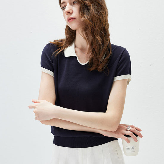 COMOBOCA Women's Contrast Collar V-Neck Knit Polo T-Shirt