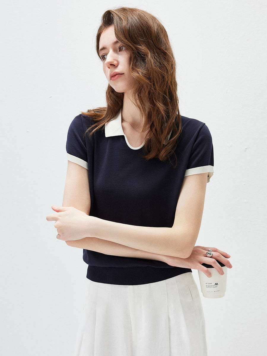 COMOBOCA Women's Contrast Collar V-Neck Knit Polo T-Shirt
