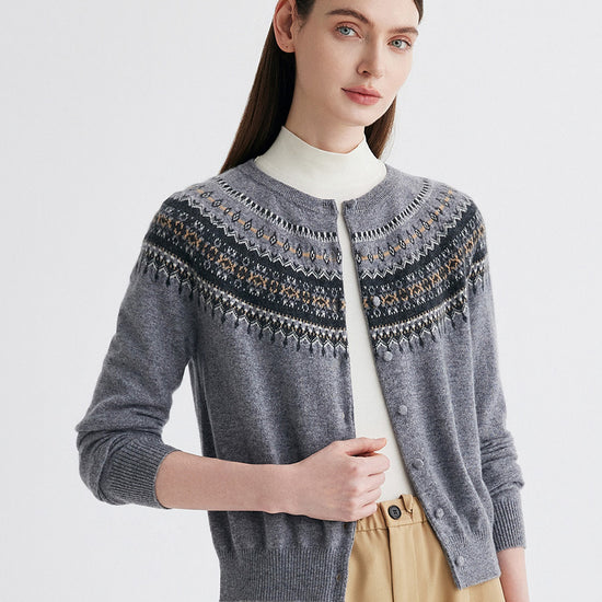 COMOBOCA 100% Cashmere Women's Fair Isle Cardigan Sweater