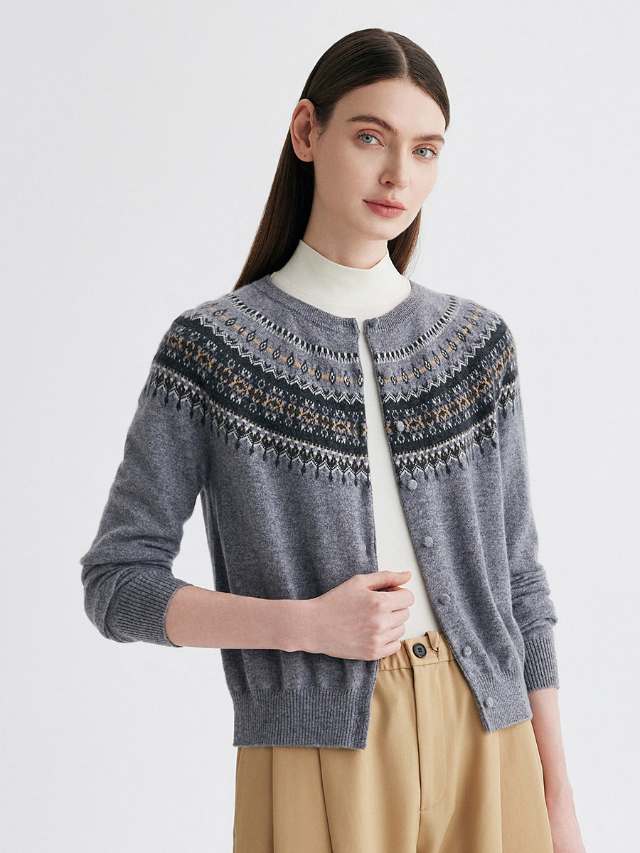 COMOBOCA 100% Cashmere Women's Fair Isle Cardigan Sweater