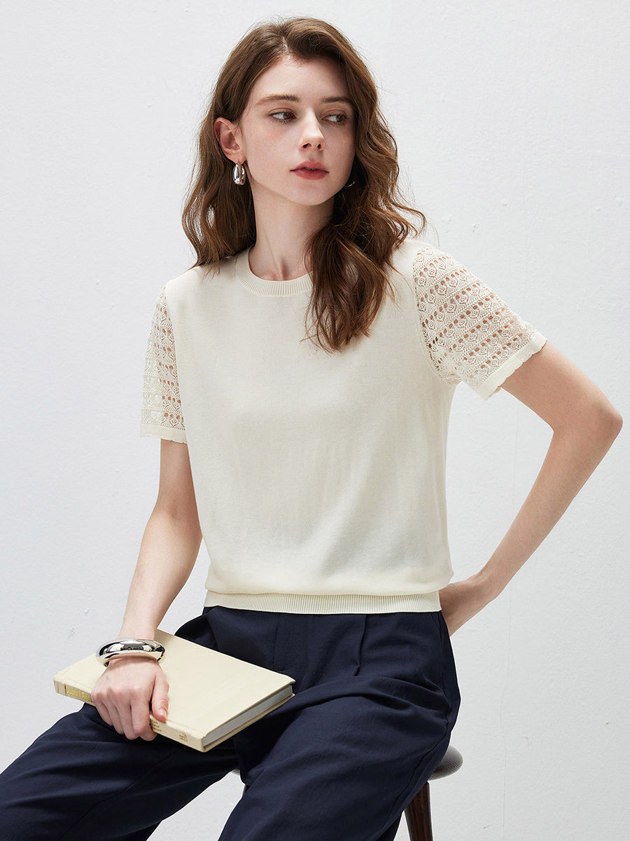 COMOBOCA Women's Lace Round Neck Knit T-Shirt