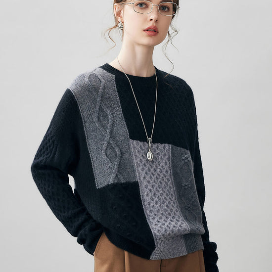 COMOBOCA 100% Cashmere Women's Patchwork Cable Knit Sweater