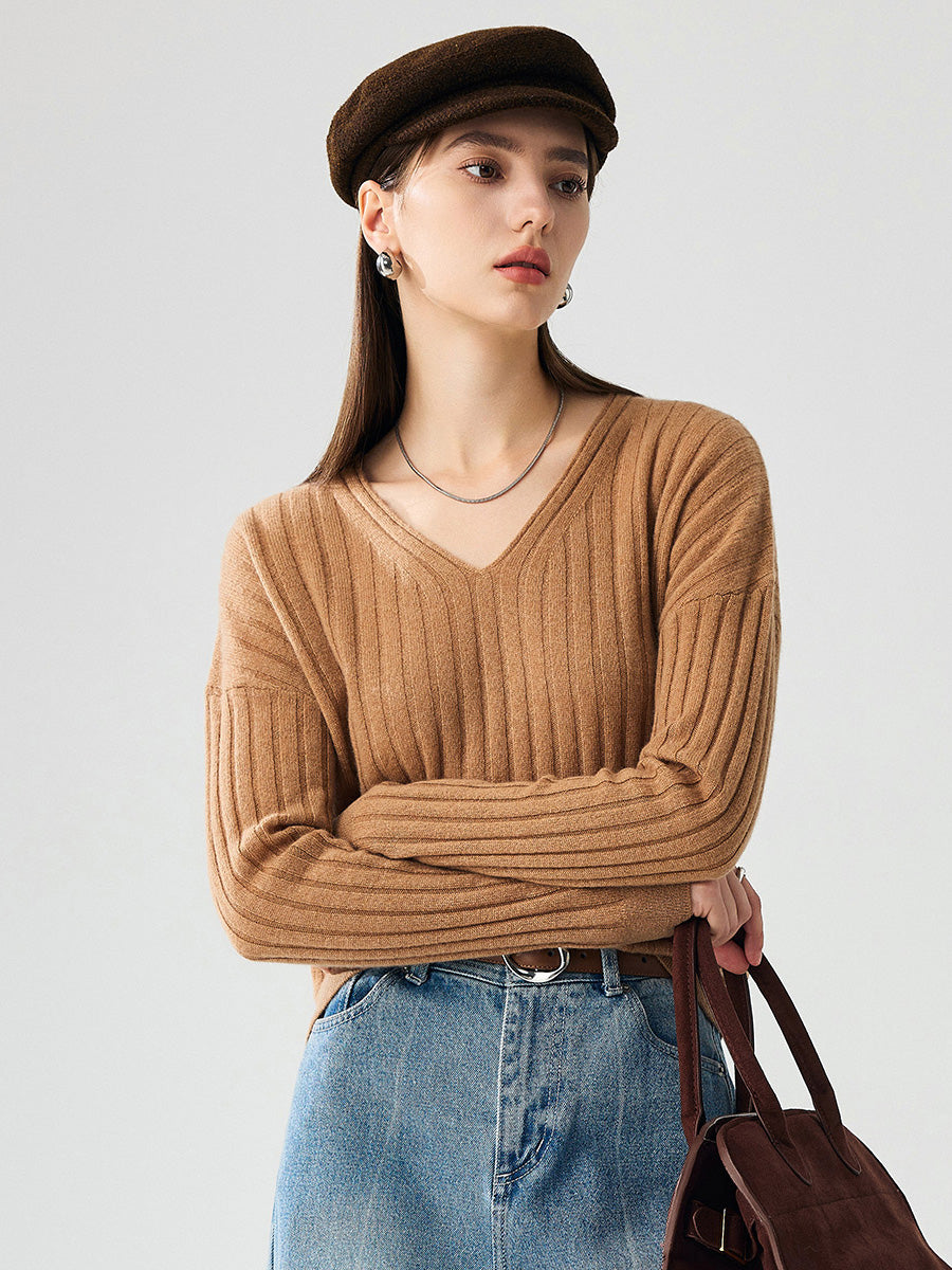 COMOBOCA 100% Cashmere Women's Cozy Ribbed V-Neck Sweater