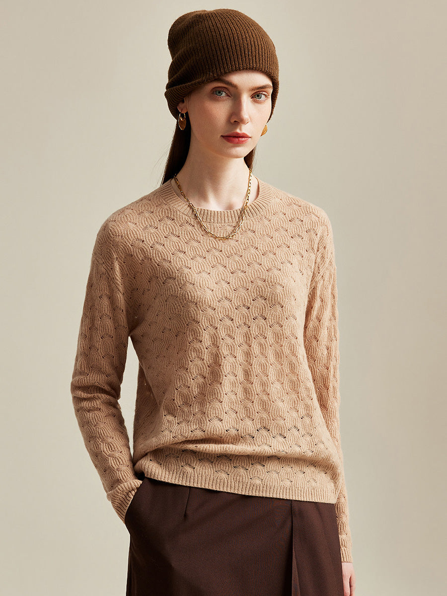 COMOBOCA Camel 100% Cashmere Women's Cable Knit Sweater