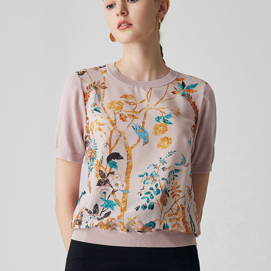 COMOBOCA Light Pink Women's Cotton Silk Floral Ribbed Print Knit T-Shirt