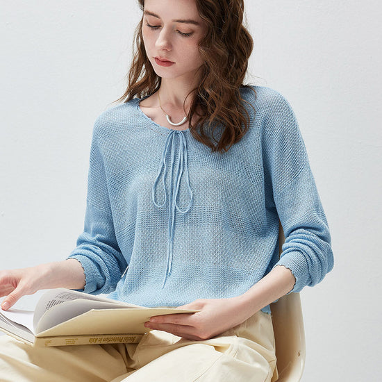 COMOBOCA Women's Tie-Neck Waffle Knit Top