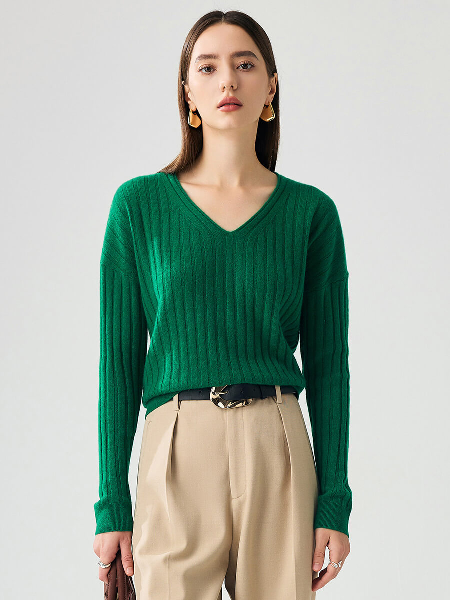 COMOBOCA Green 100% Cashmere Women's Cozy Ribbed V-Neck Sweater