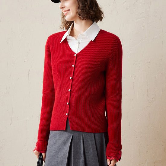 COMOBOCA Red 100% Cashmere Women's Faux Button Sweater with Lace Cuff