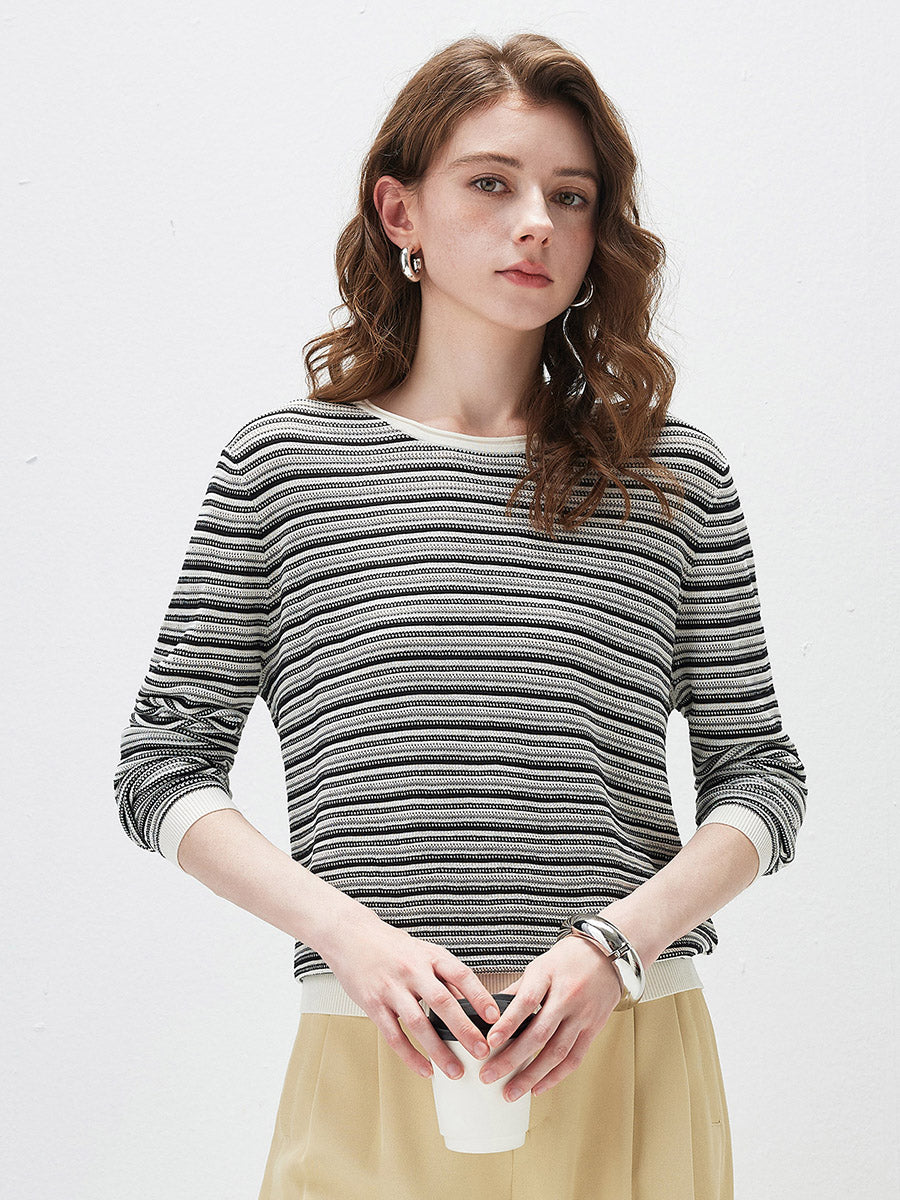 COMOBOCA Black Women's Striped Mesh Knit Round Neck Sweater