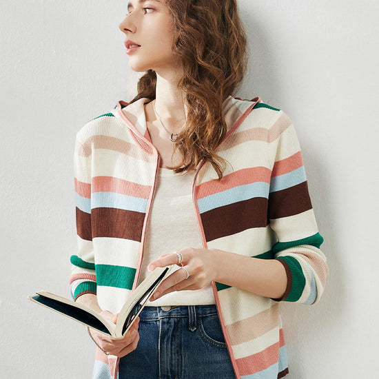 COMOBOCA Women's Versatile Striped Zip-Up Hoodie Cardigan