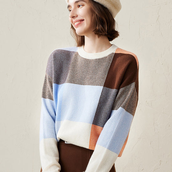 COMOBOCA 100% Cashmere Women's Color Block Plaid Sweater
