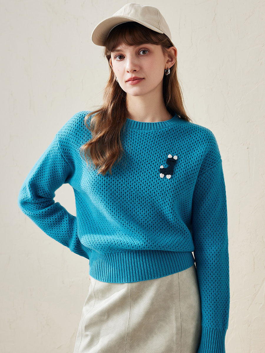 COMOBOCA 100% Wool Women's Embroidered Patch Knit Sweater