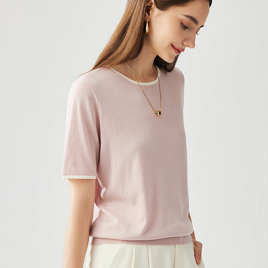 COMOBOCA Light Pink Women's Contrast Trim Knit T-Shirt
