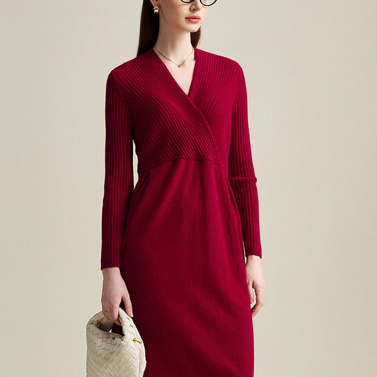 COMOBOCA Red 100% Cashmere Women's Knit V-Neck Midi Dress