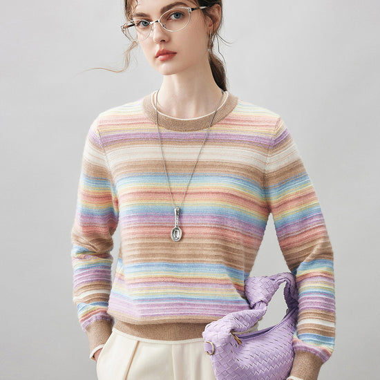 COMOBOCA Striped 100% Cashmere Women's Rainbow Striped Round Neck Sweater