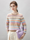 COMOBOCA Striped 100% Cashmere Women's Rainbow Striped Round Neck Sweater
