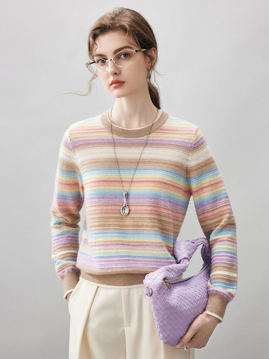 COMOBOCA Striped 100% Cashmere Women's Rainbow Striped Round Neck Sweater
