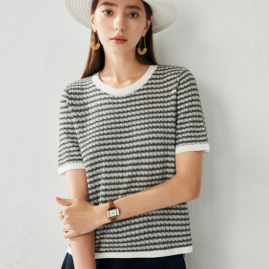 COMOBOCA Women's Elegant Striped Knit T-Shirt