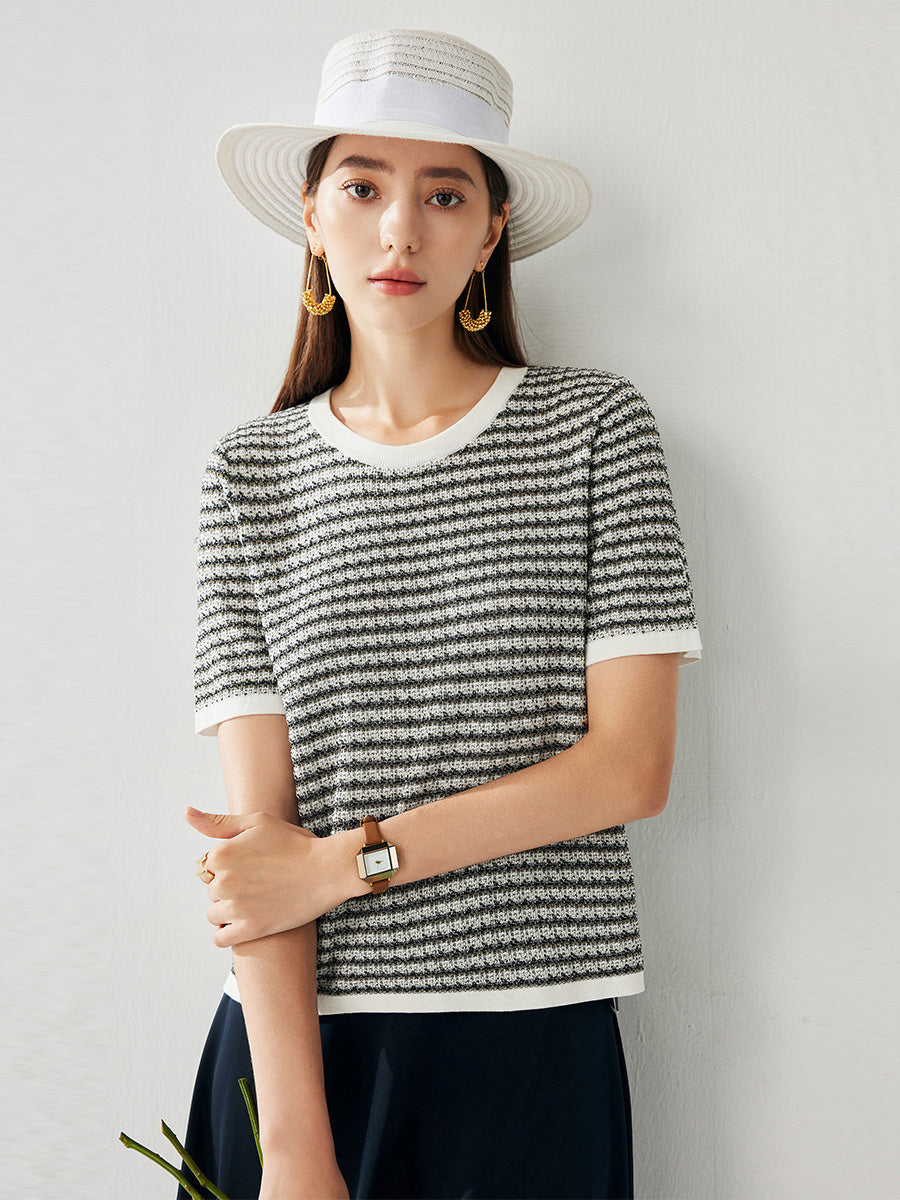 COMOBOCA Women's Elegant Striped Knit T-Shirt