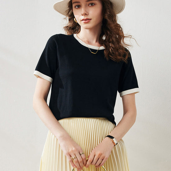 COMOBOCA Black Women's Retro Ringer Cotton Silk T-Shirt