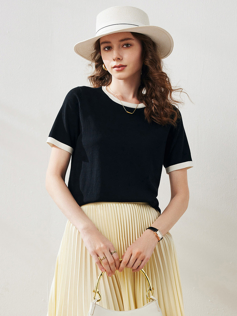 COMOBOCA Black Women's Retro Ringer Cotton Silk T-Shirt