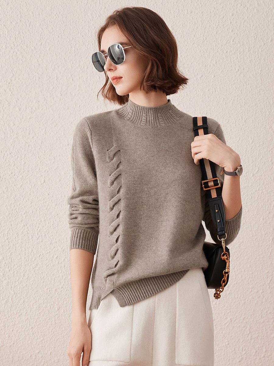 COMOBOCA Camel 100% Cashmere Women's Ribbed Cable Knit Sweater