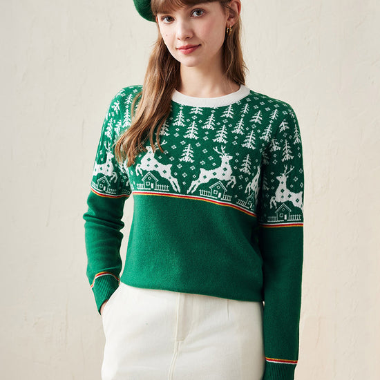 COMOBOCA Green 100% Wool Women's Reindeer Knit Sweater