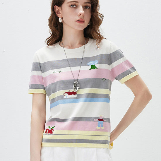 COMOBOCA Striped Women's Farm Scene Striped Knit T-Shirt