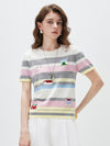 COMOBOCA Striped Women's Farm Scene Striped Knit T-Shirt