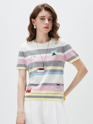 COMOBOCA Striped Women's Farm Scene Striped Knit T-Shirt