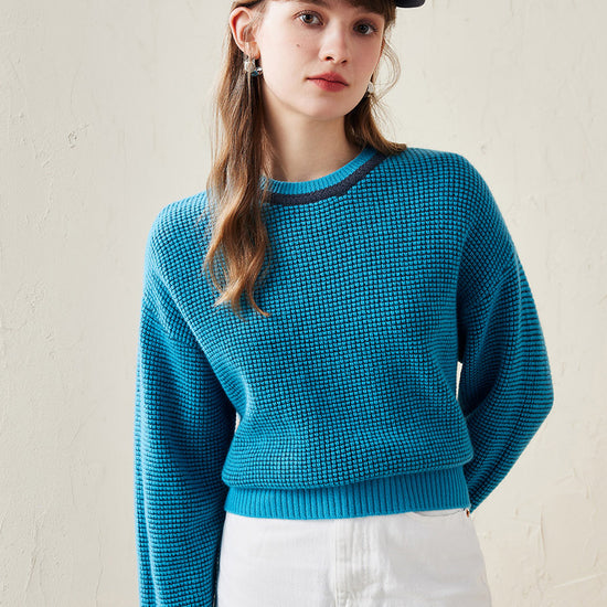 COMOBOCA 100% Wool Women's Colorblock Raglan Sleeve Sweater