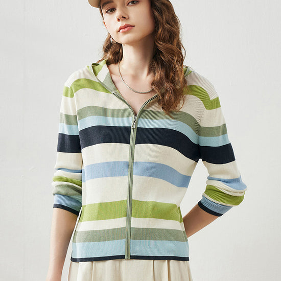 COMOBOCA Green Women's Versatile Striped Zip-Up Hoodie Cardigan