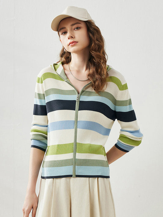 COMOBOCA Green Women's Versatile Striped Zip-Up Hoodie Cardigan