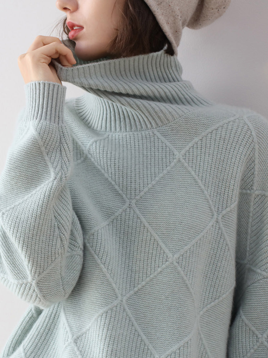 COMOBOCA 100% Cashmere Women's Diamond Knit Turtleneck Sweater